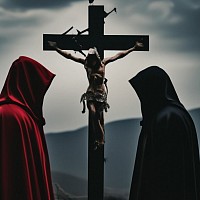 Возле креста с распятым Христом стоят представители двух ветвей христианства