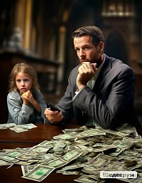 Отец сидит рядом с ребенком и размышляет о финансах